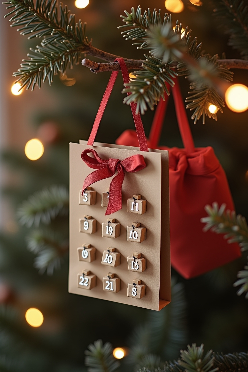 8 Adventskalender an einem Ast aufgehängt
