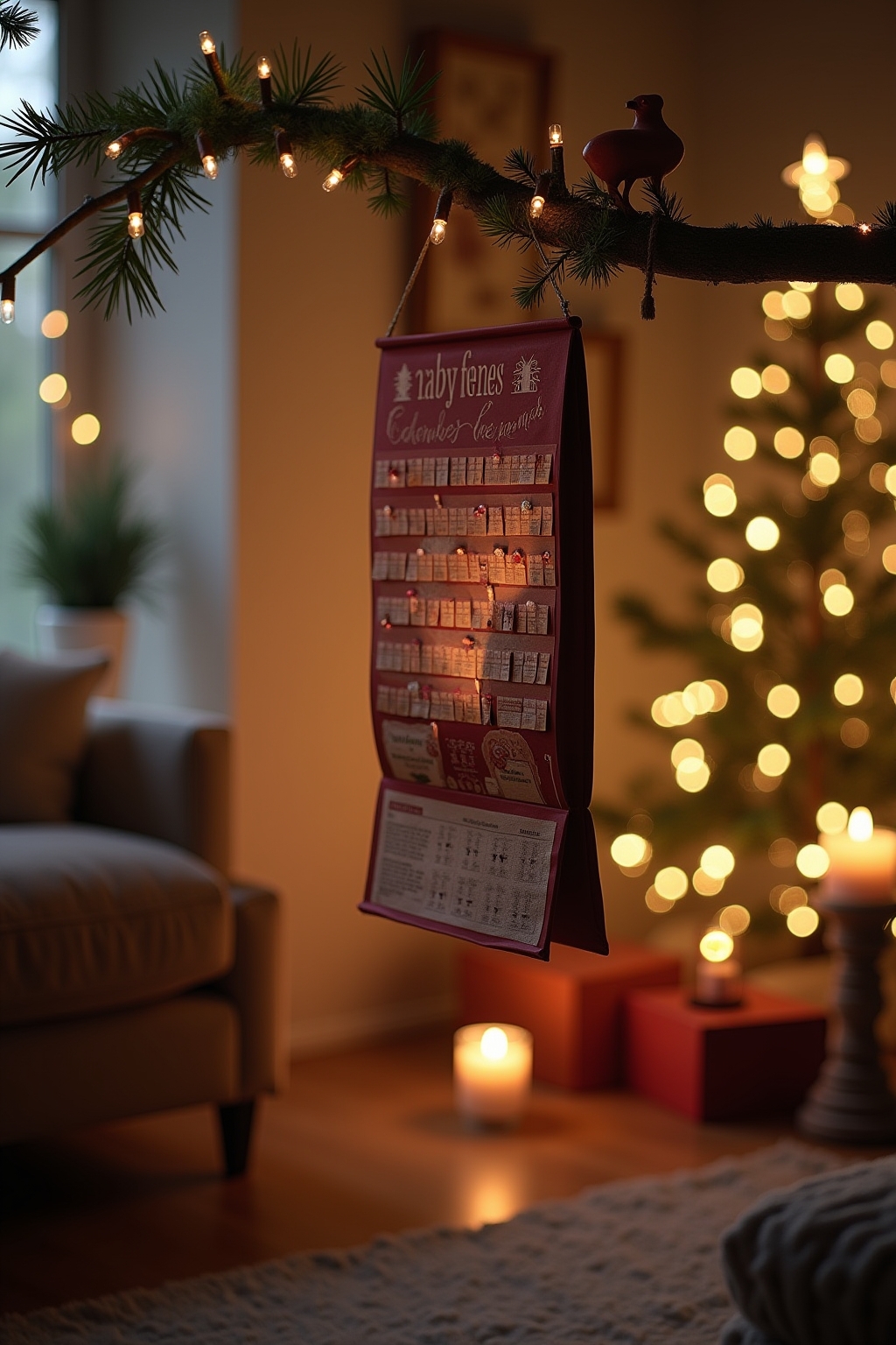 8 Adventskalender an einem Ast aufgehängt