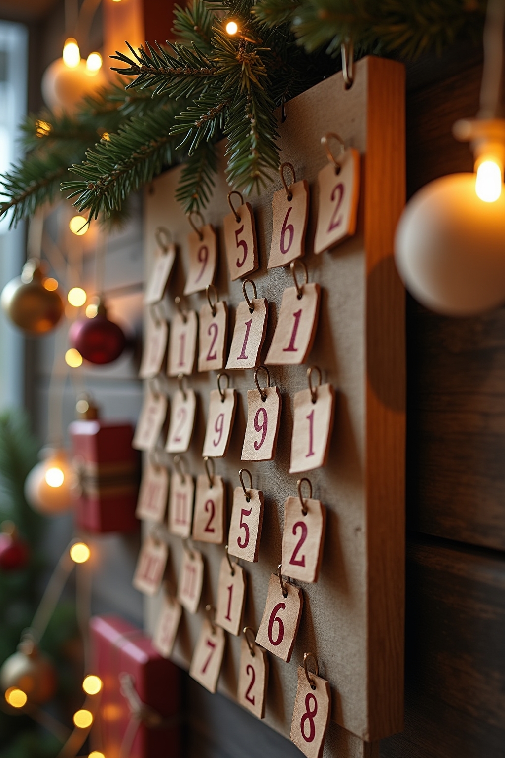 8 Adventskalender an einem Ast aufgehängt