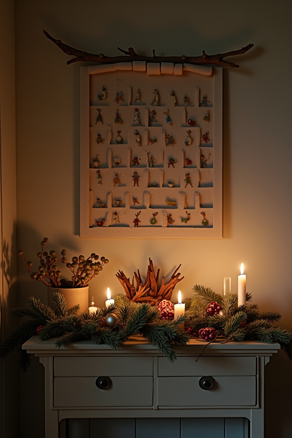 8 Adventskalender an einem Ast aufgehängt