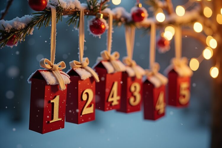 8 Adventskalender an einem Ast aufgehängt