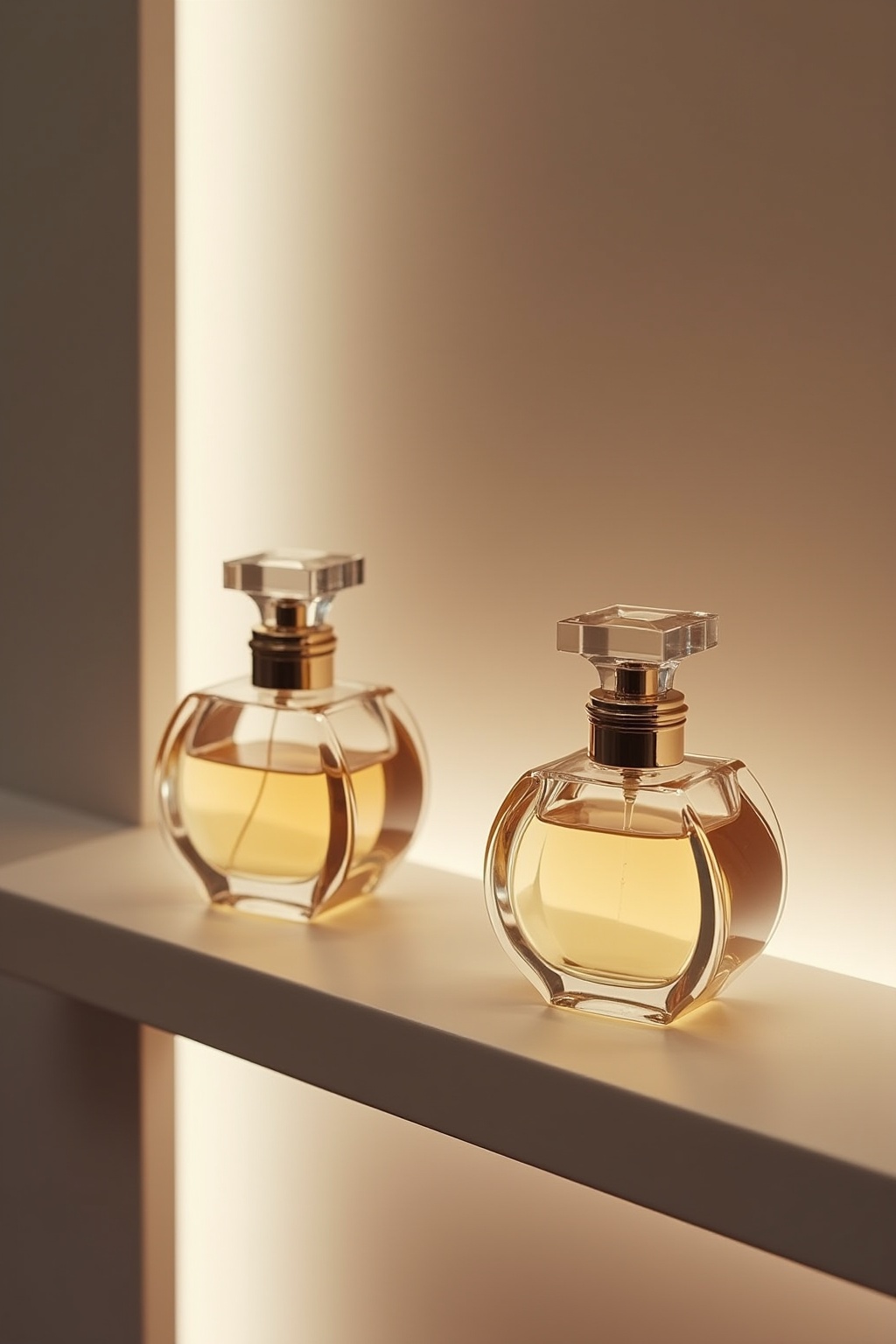 Dekorative Parfümflakons auf Glasablage Dekorative Parfümflakons auf Glasablage