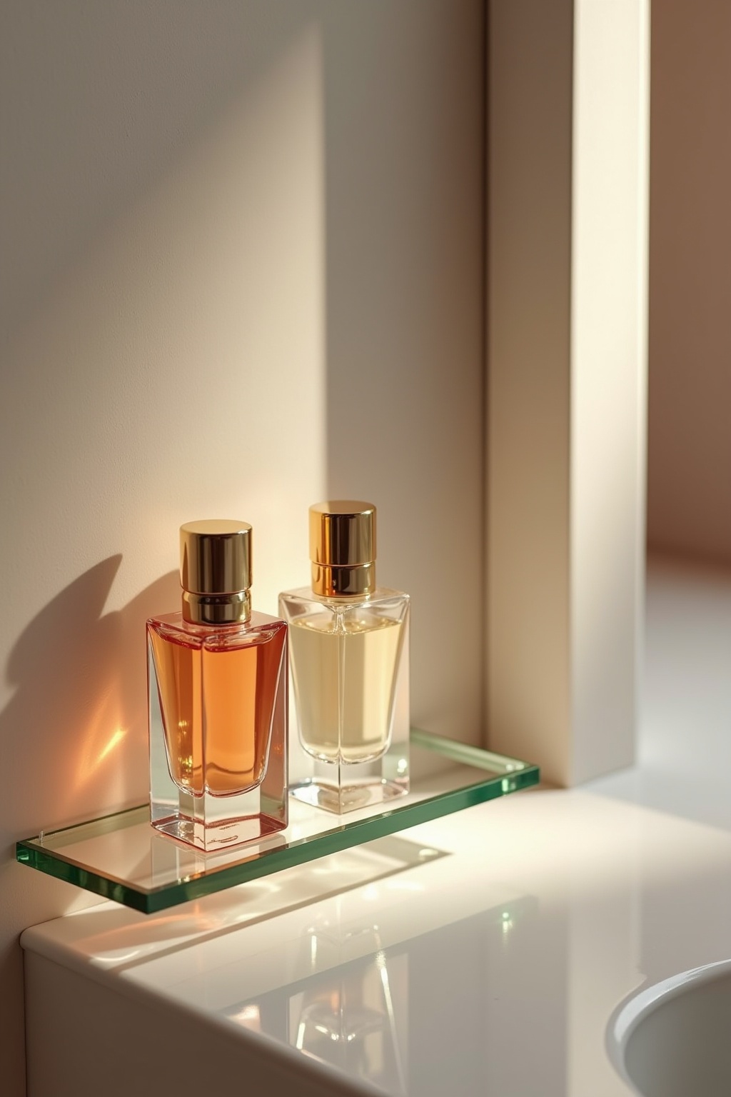 Dekorative Parfümflakons auf Glasablage Dekorative Parfümflakons auf Glasablage