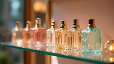 Dekorative Parfümflakons auf Glasablage-Titel