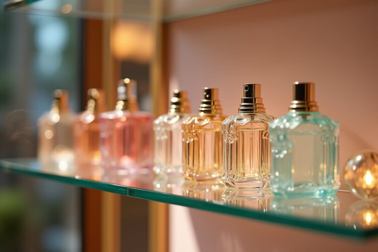 Dekorative Parfümflakons auf Glasablage