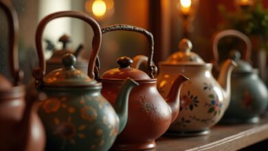 Dekorative Teekannen auf dem Regal-Titel