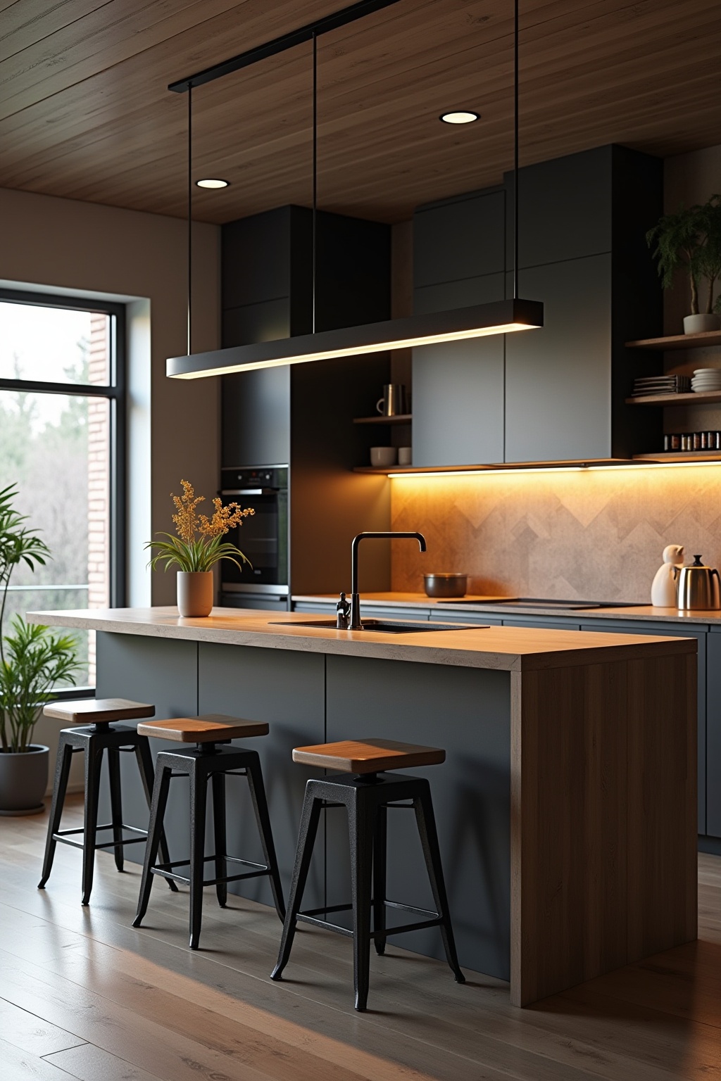 Frühstücksbar mit Industrial-Hockern Ideen