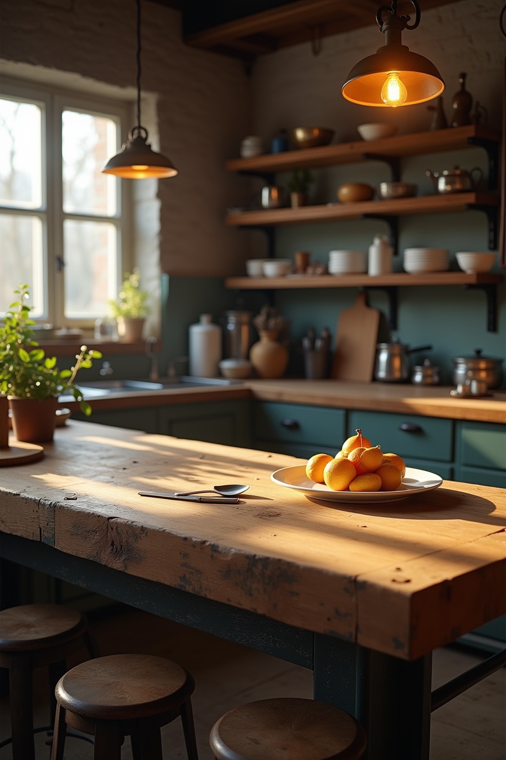 Frühstücksbar mit Industrial-Hockern Ideen