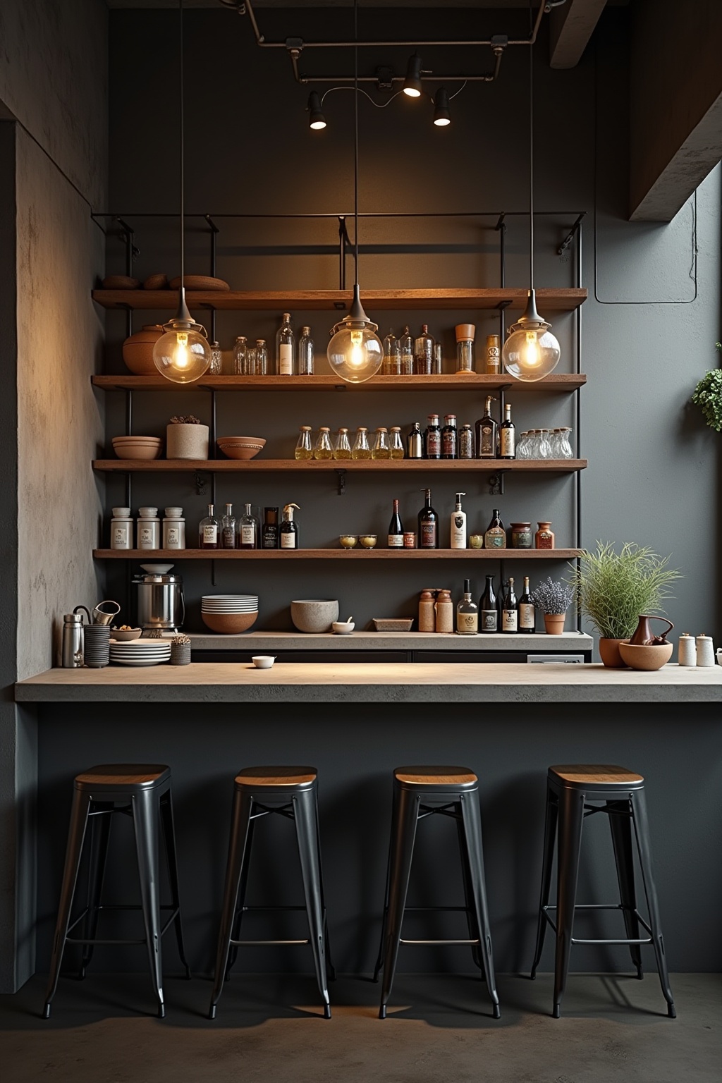 Frühstücksbar mit Industrial-Hockern Ideen