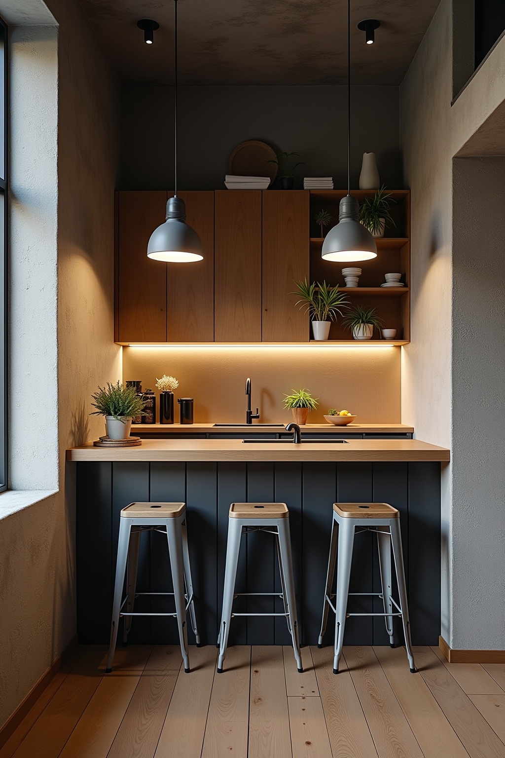 Frühstücksbar mit Industrial-Hockern Ideen