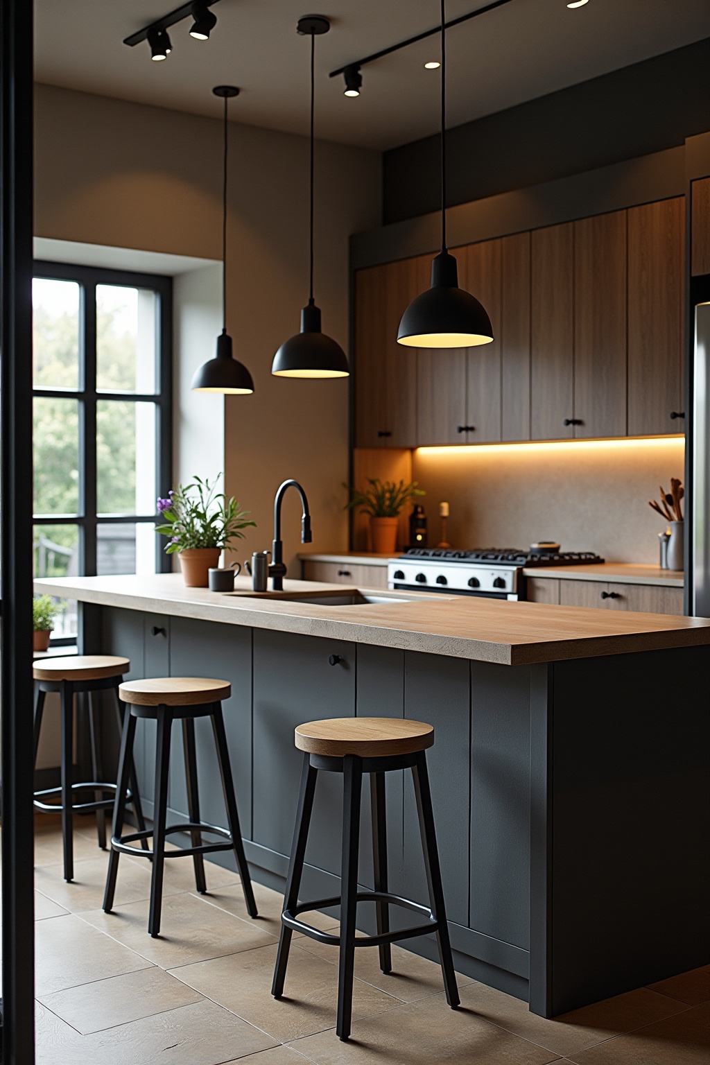 Frühstücksbar mit Industrial-Hockern Ideen