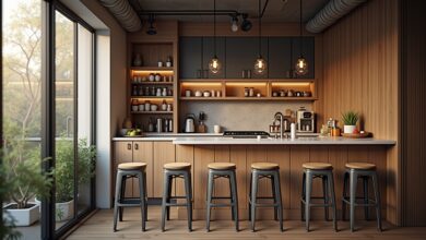 Frühstücksbar mit Industrial-Hockern-Titel