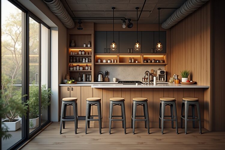 Frühstücksbar mit Industrial-Hockern Ideen