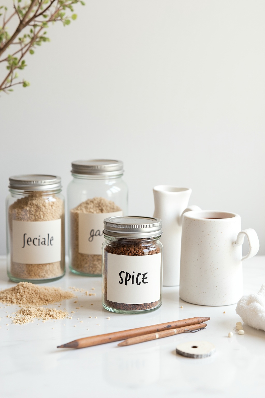 8 Gewürzgläser mit minimalistischen Etiketten