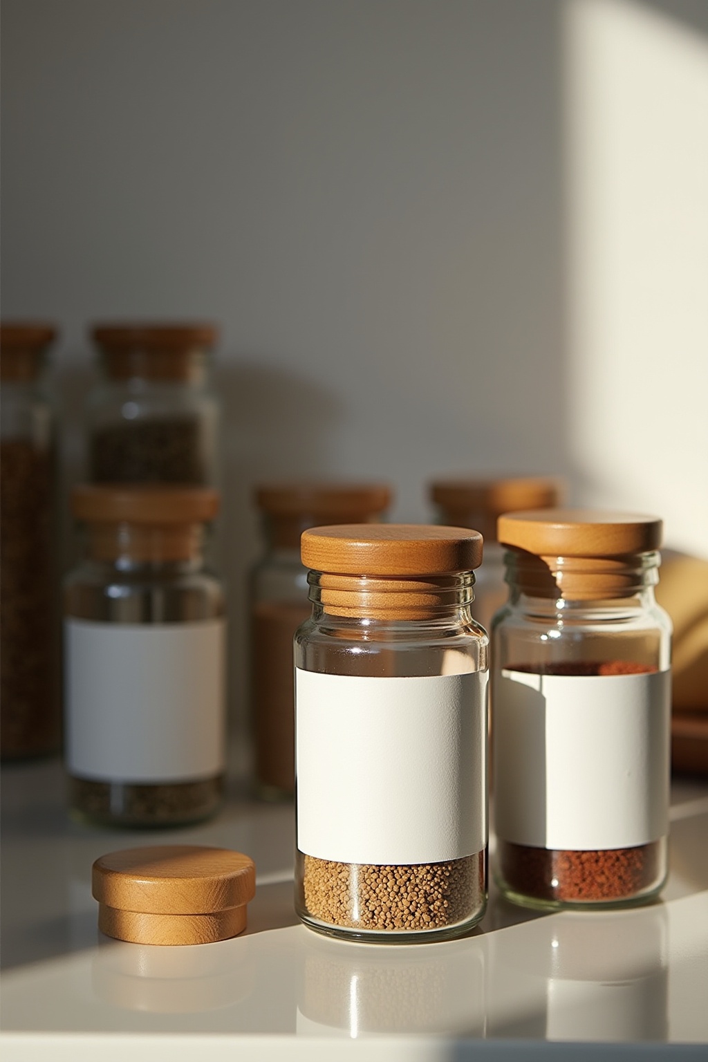 8 Gewürzgläser mit minimalistischen Etiketten