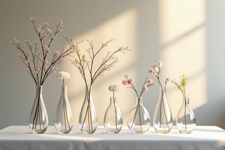 8 Glasvasen mit einzelnen Zweigen dekorieren