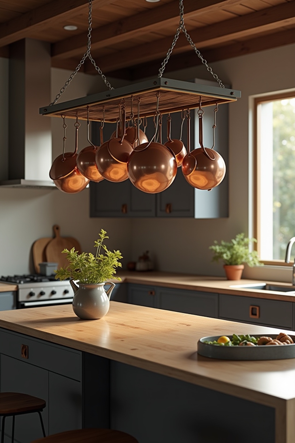 Hängendes Topfregal über der Kochinsel Ideen