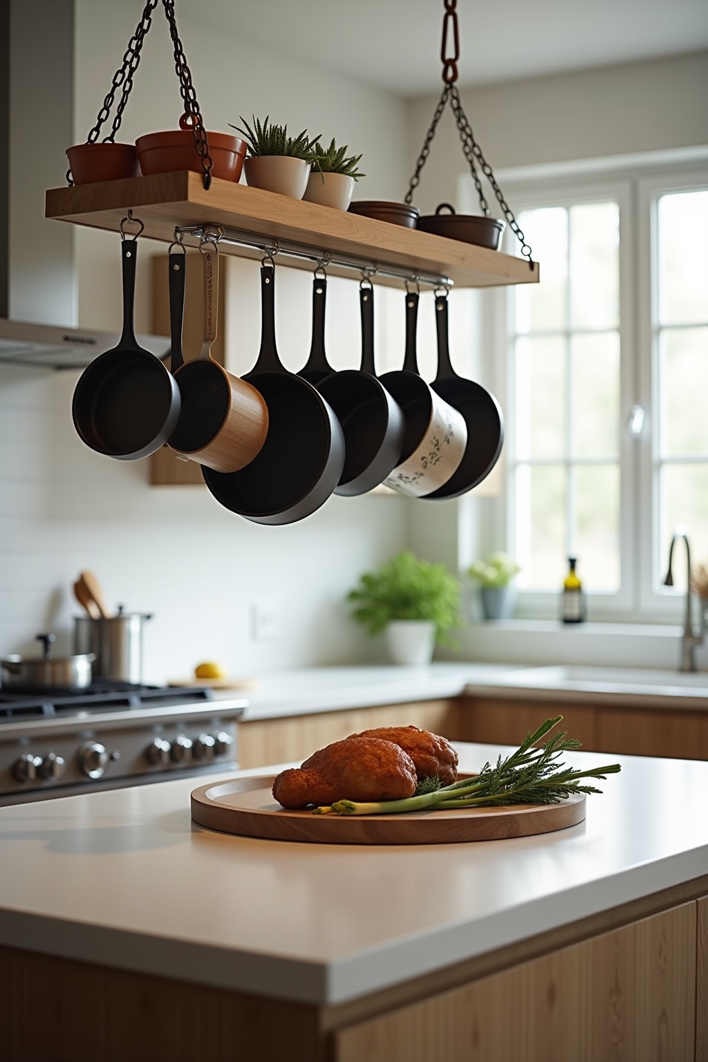 Hängendes Topfregal über der Kochinsel Ideen