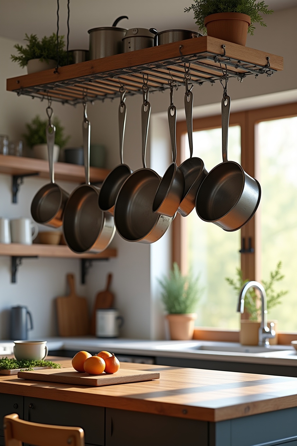 Hängendes Topfregal über der Kochinsel Ideen Hängendes Topfregal über der Kochinsel Ideen