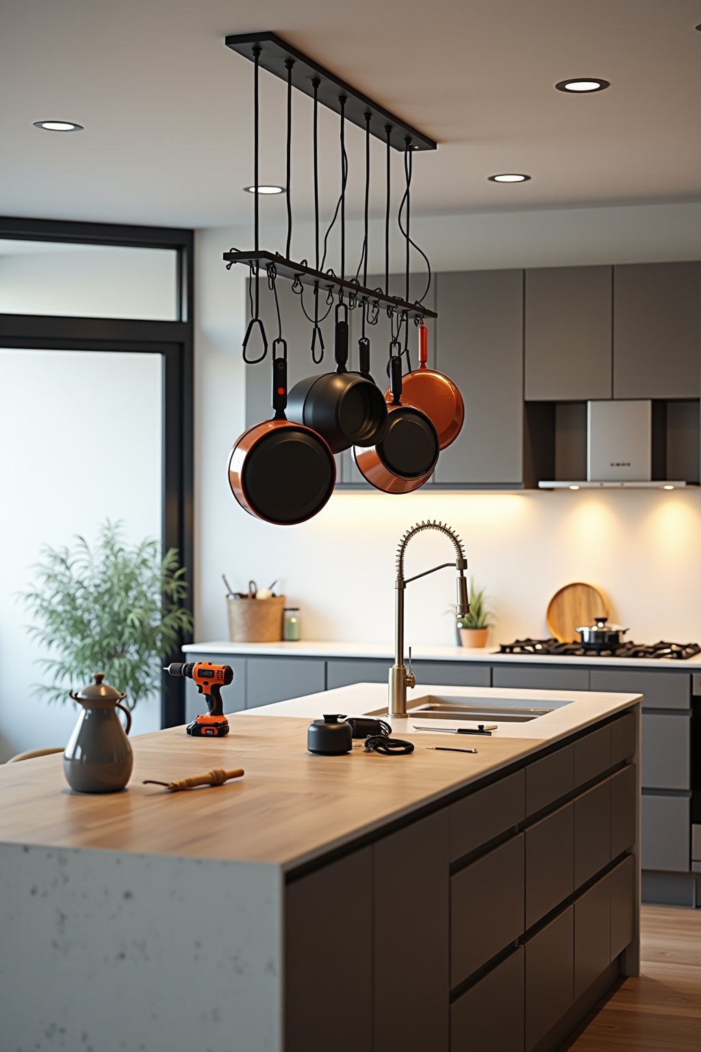 Hängendes Topfregal über der Kochinsel Ideen