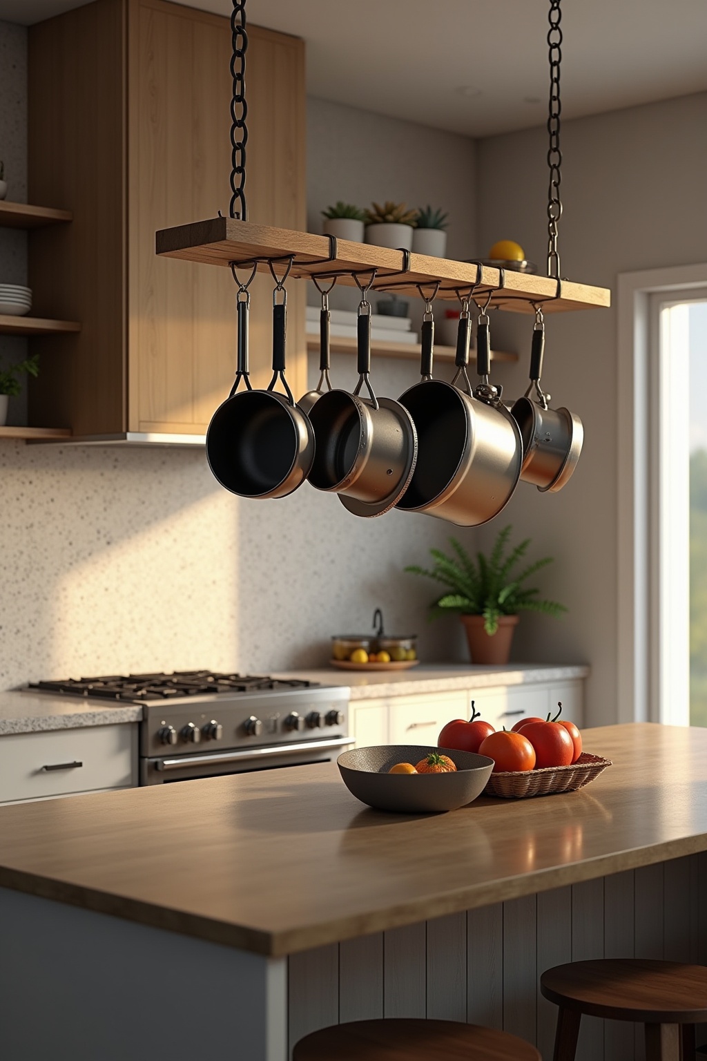 Hängendes Topfregal über der Kochinsel Ideen