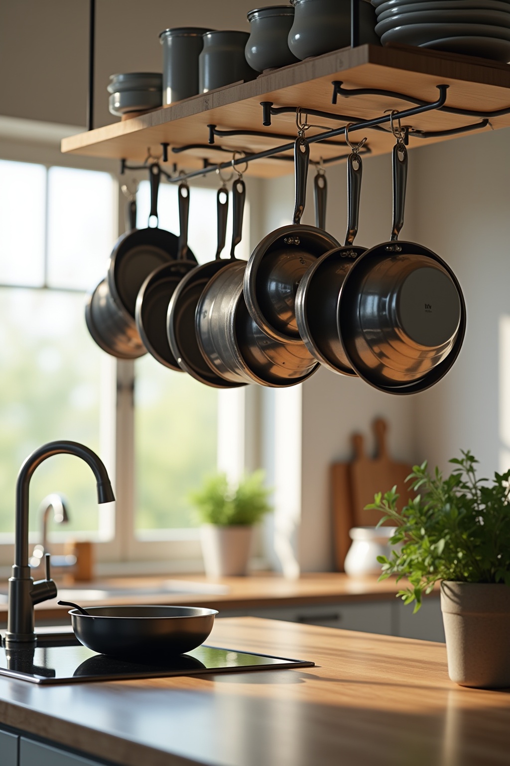Hängendes Topfregal über der Kochinsel Ideen Hängendes Topfregal über der Kochinsel Ideen