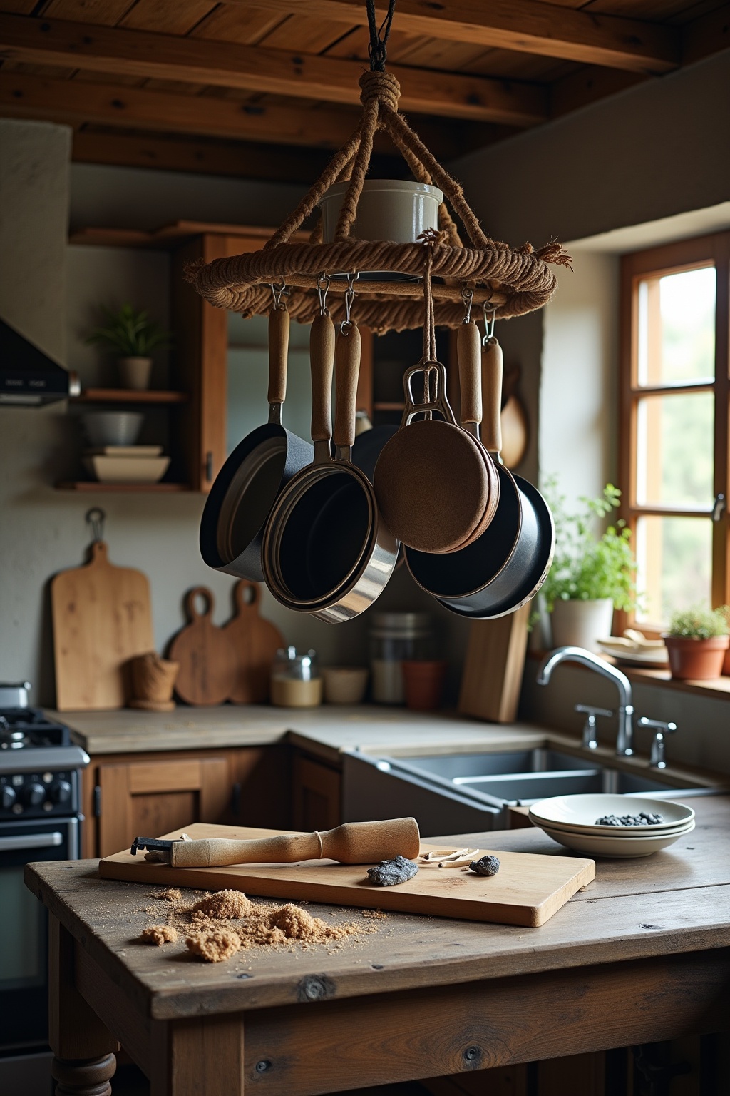Hängendes Topfregal über der Kochinsel Ideen