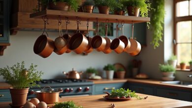 Hängendes Topfregal über der Kochinsel-Titel