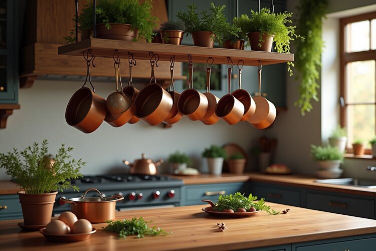Hängendes Topfregal über der Kochinsel Ideen