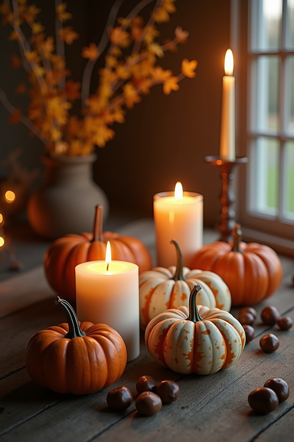 8 Herbstdeko mit Kürbissen und Kastanien