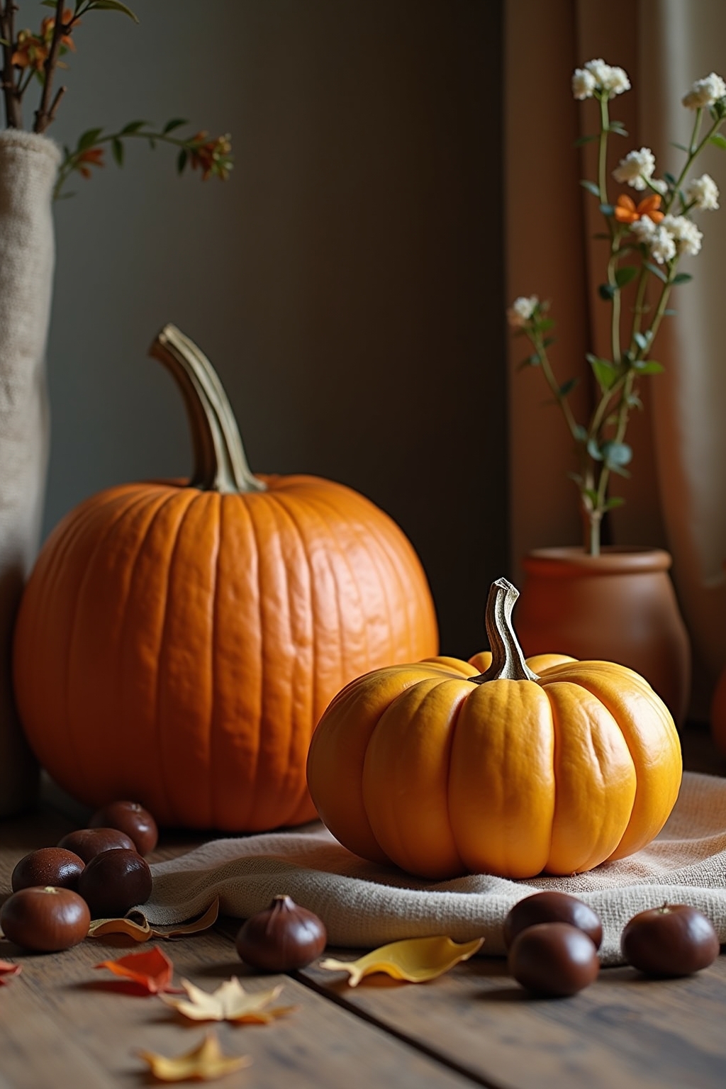 8 Herbstdeko mit Kürbissen und Kastanien