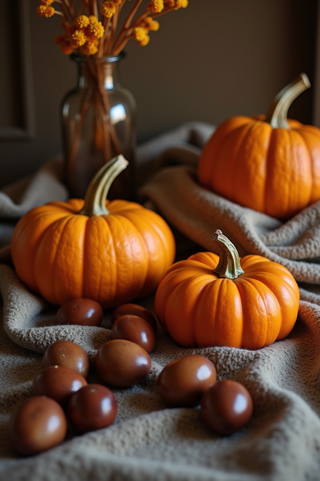 8 Herbstdeko mit Kürbissen und Kastanien