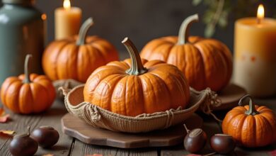 Herbstdeko mit Kürbissen und Kastanien-Titel