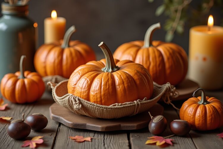 8 Herbstdeko mit Kürbissen und Kastanien