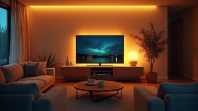 Indirekte Beleuchtung hinter dem Fernseher-Titel