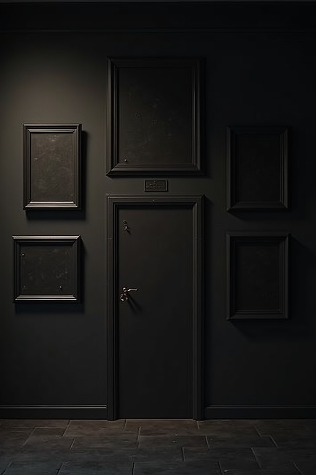 8 Schwarze Bilderrahmen auf dunkler Wand