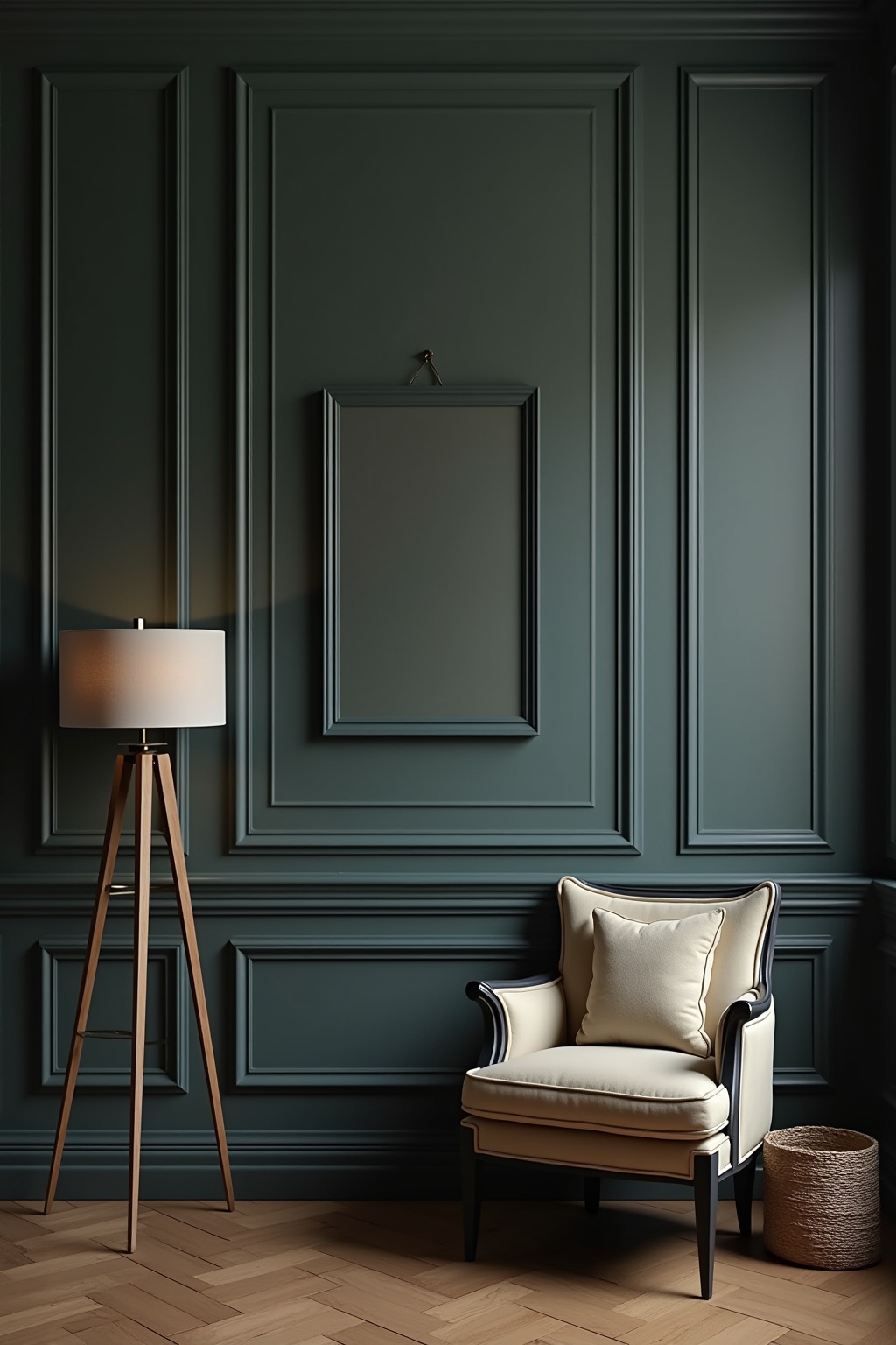 8 Schwarze Bilderrahmen auf dunkler Wand