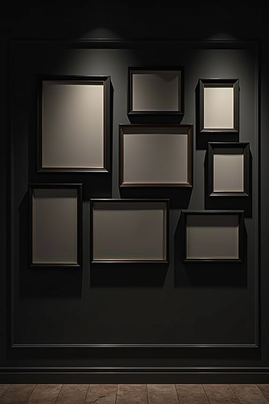 8 Schwarze Bilderrahmen auf dunkler Wand