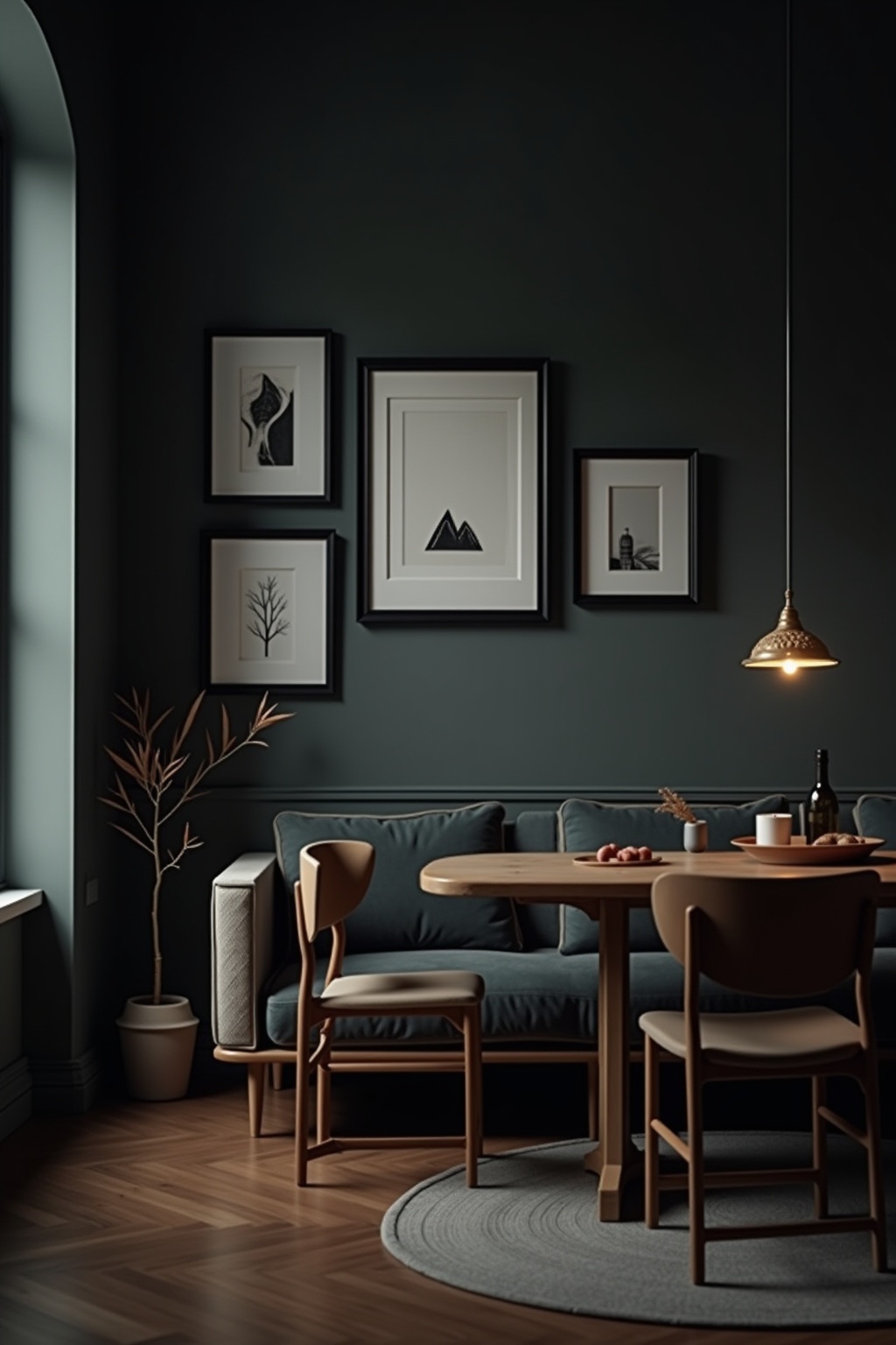 8 Schwarze Bilderrahmen auf dunkler Wand