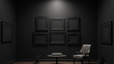Schwarze Bilderrahmen auf dunkler Wand-Titel