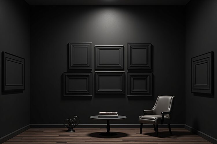 8 Schwarze Bilderrahmen auf dunkler Wand