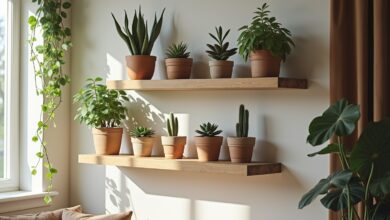 Schwebende Holzregale mit Sukkulenten-Titel