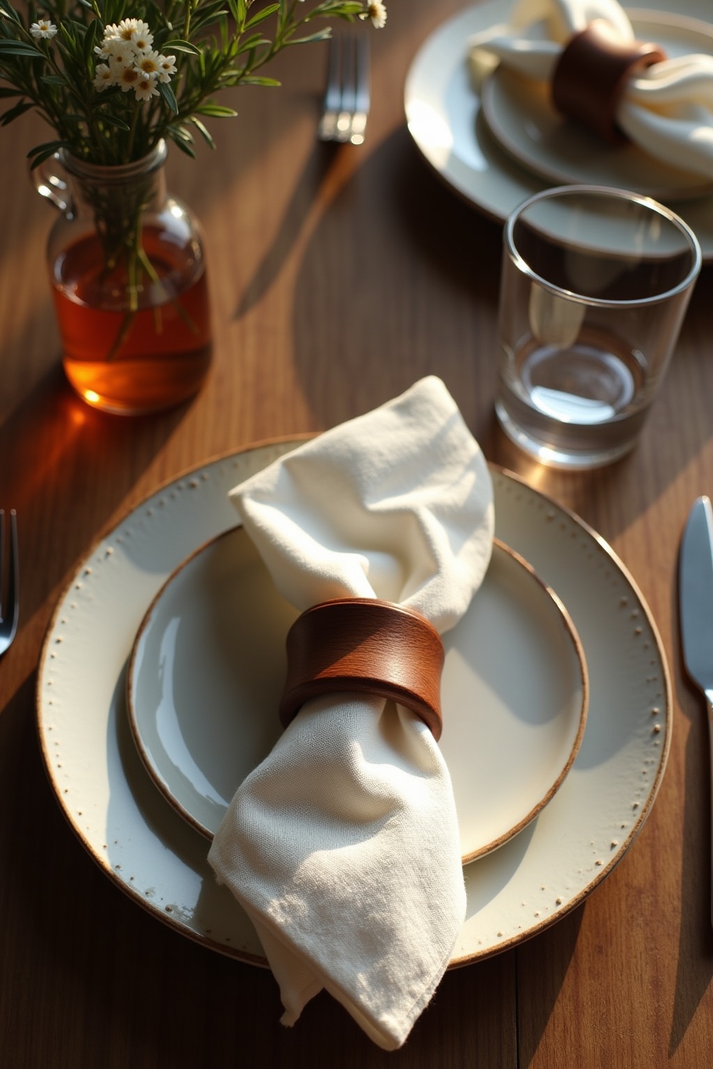 Stoffservietten mit Serviettenringen aus Holz