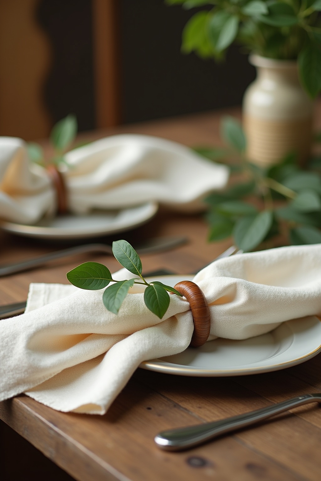 Stoffservietten mit Serviettenringen aus Holz