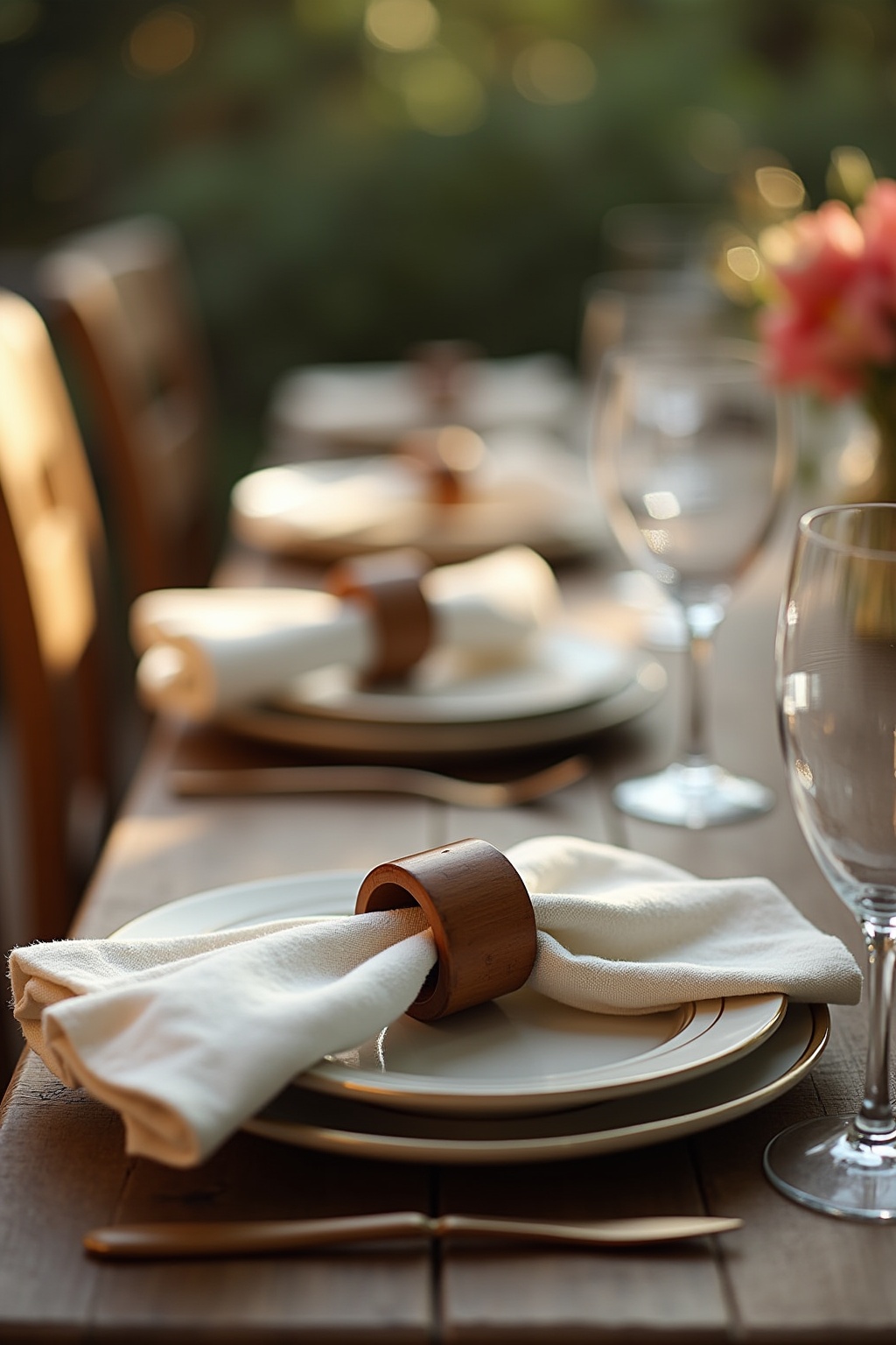 Stoffservietten mit Serviettenringen aus Holz