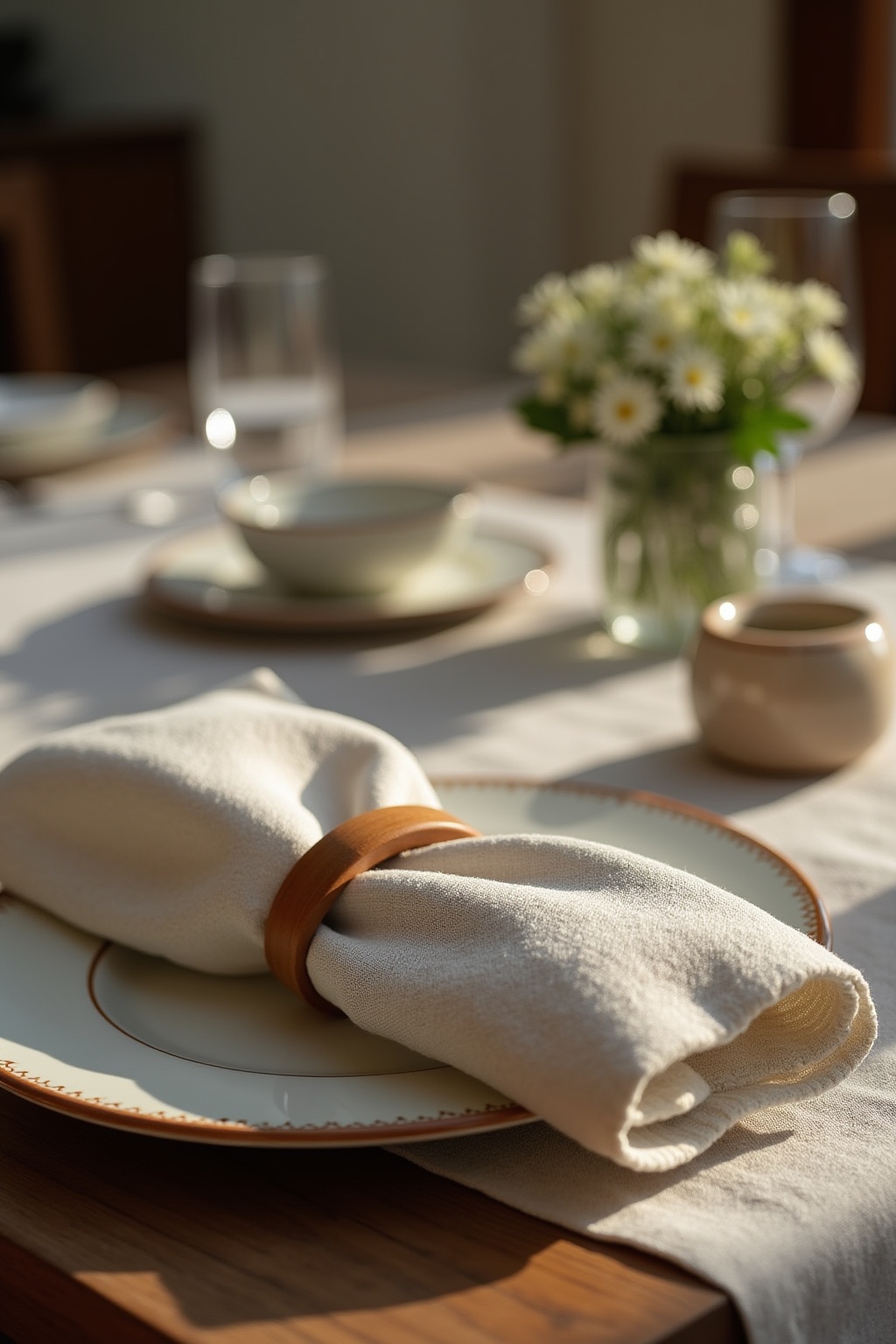 Stoffservietten mit Serviettenringen aus Holz