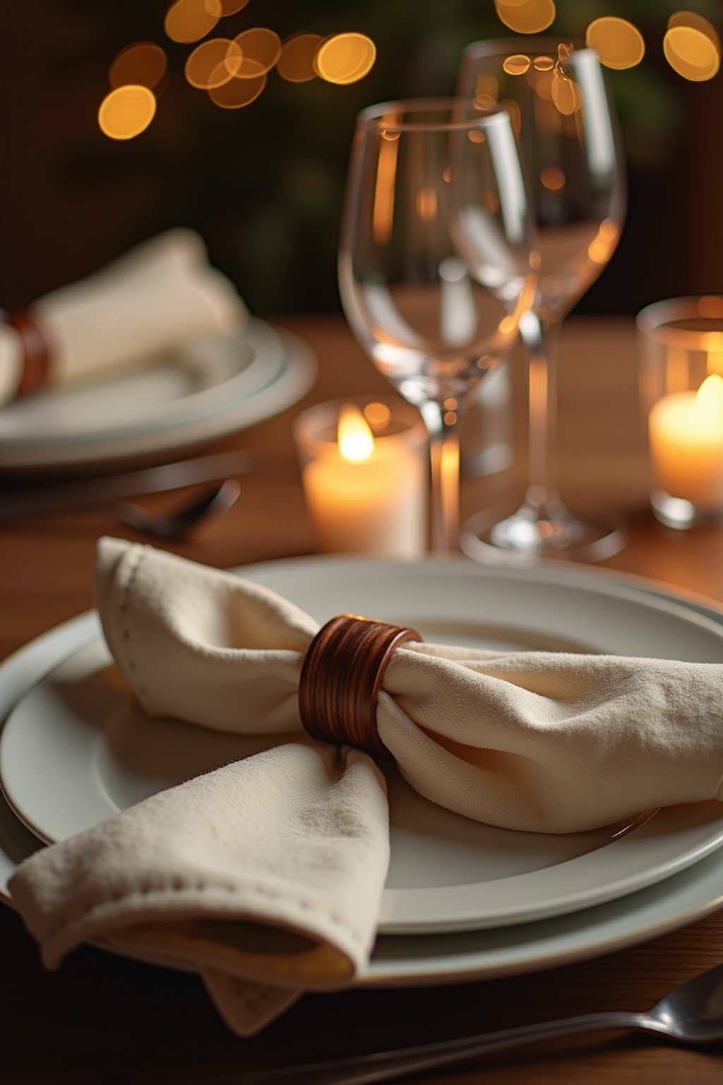 Stoffservietten mit Serviettenringen aus Holz