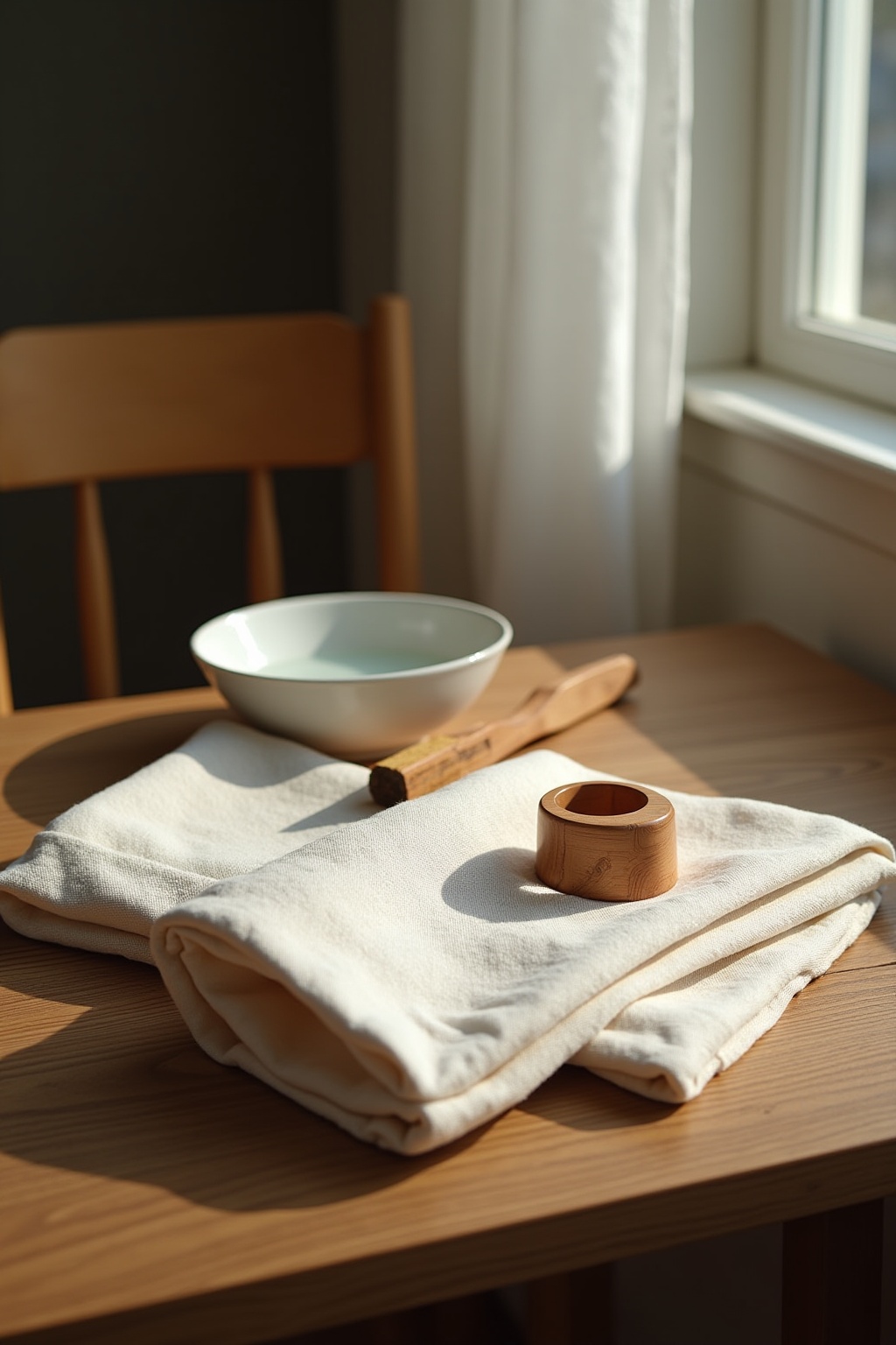 Stoffservietten mit Serviettenringen aus Holz