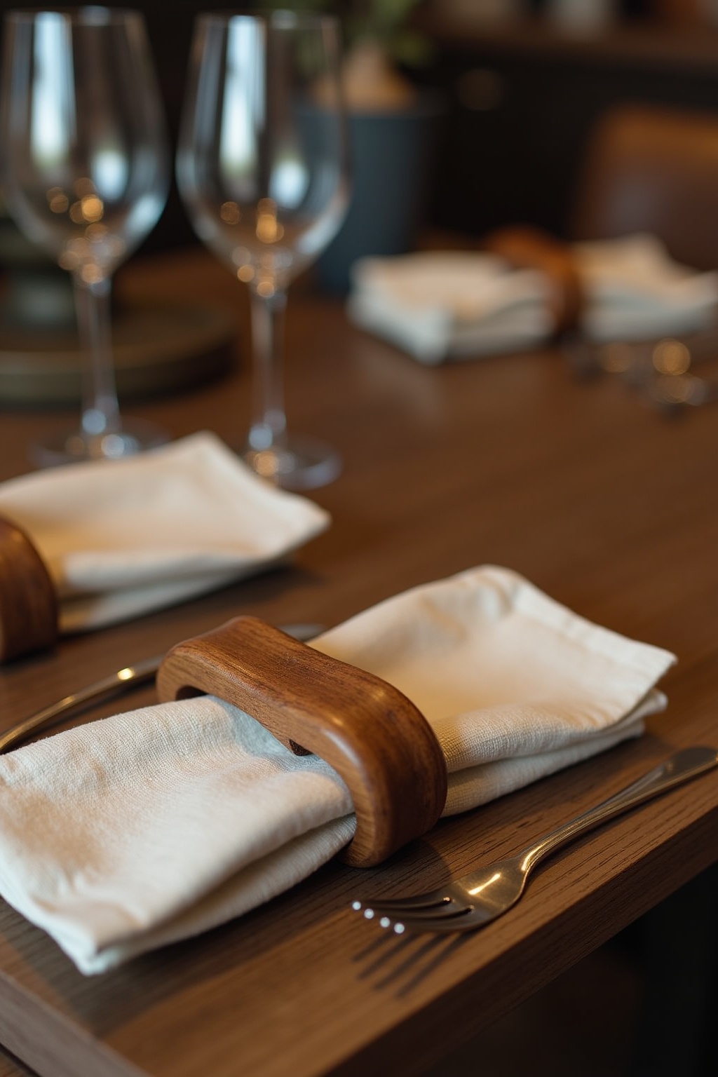 Stoffservietten mit Serviettenringen aus Holz