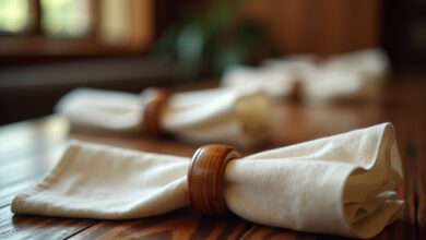 Stoffservietten mit Serviettenringen aus Holz-Titel